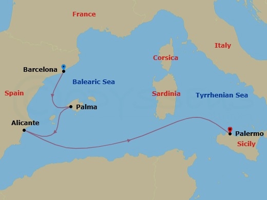 4 Night - Western Mediterranean from Barcelona to Palermo - Costa Toscana - Starting in Barcelona, Palma De Mallorca, Alicante, Palermo itinerary map