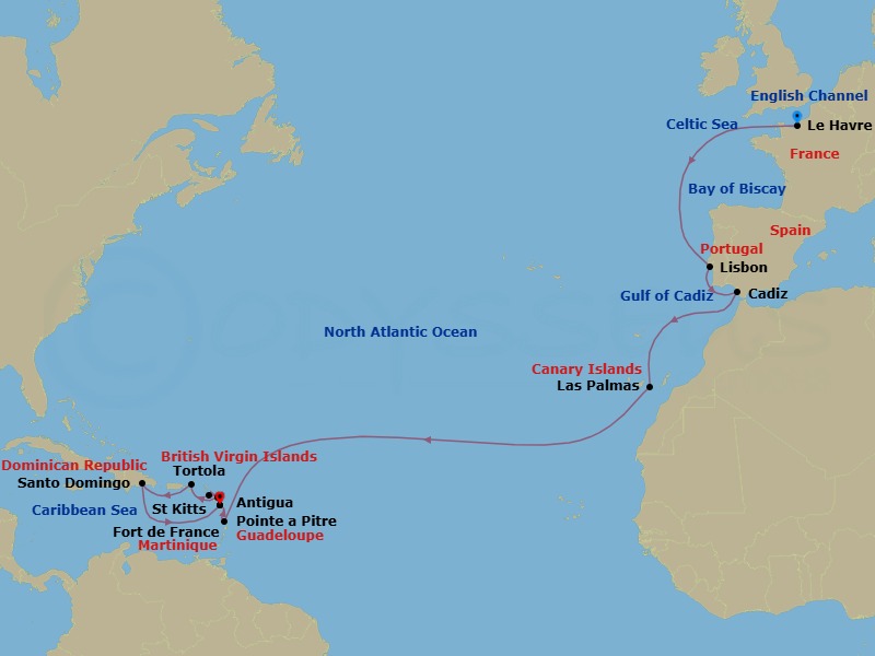 20 Night - Cruise from Le Havre to Pointe a Pitre - Costa Favolosa - Starting in Le Havre, France, Lisbon, Portugal, Cadiz, Spain, Las Palmas, Canary Islands, Martinique (Antilles), Guadeloupe (Antilles), St Kitts (Antilles), Antigua (Antilles), Road Harbour / Tortola, Santo Domingo, Dominican Republic, Guadeloupe (Antilles) itinerary map