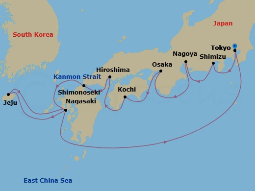 11 Night - Asia - Japan - Norwegian Jade - Starting in Tokyo, Japan, Mount Fuji / Shimizu, Japan, Nagoya, Japan, Kyoto / Osaka, Japan, Kochi, Japan, Hiroshima, Japan, Shimonoseki, Japan, Cruise Kanmon Straits, Japan, Nagasaki, Japan, Jeju, South Korea, Nagasaki / Sasebo, Japan, Tokyo, Japan itinerary map