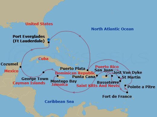 17 Night - The Americas & Caribbean - Crystal Serenity - Starting in Fort Lauderdale, Puerto Plata, Dominican Republic, Pointe-a-Pitre, French West Indies, Fort-de-France, St Kitts (Basseterre), San Juan, Marigot, St Martin, St Kitts (Basseterre), Jost Van Dyke, British Virgin Islands, Punta Cana, Montego Bay, George Town (Grand Cayman), Cozumel, Quintana Roo, Fort Lauderdale itinerary map