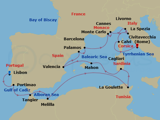 18 Night - Europe & Mediterranean - Crystal Symphony - Starting in Lisbon, Portimao, Tangier, Melilla, Tunis (La Goulette), Cagliari (Sardinia), Porto Mahon, Valencia, Barcelona, Palamos, Cannes, Monte Carlo, La Spezia, Livorno (Tuscany), Calvi (Corsica), Civitavecchia (Rome) itinerary map