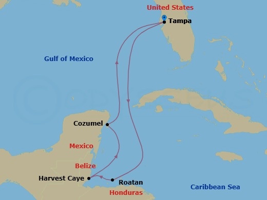 7 Night - Western Caribbean - Tampa - Norwegian Gem - Starting in Tampa, Fl, Roatan Bay Islands, Honduras, Harvest Caye, Belize, Cozumel, Mexico, Tampa, Fl itinerary map