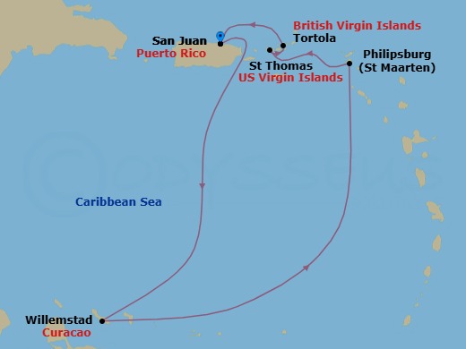 7 Night - Southern Caribbean - San Juan - Norwegian Prima - Starting in San Juan, Pr, Willemstad AN, Netherlands Antilles, Philipsburg, St Maarten, Netherland Antilles, St Thomas, Vi, Tortola, British Virgin Islands, San Juan, Pr itinerary map