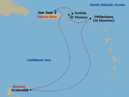 7 Night - Southern Caribbean - San Juan - Norwegian Prima - Starting in San Juan, Pr, Kralendijk, Netherland Antilles, Philipsburg, St Maarten, Netherland Antilles, St Thomas, Vi, Tortola, British Virgin Islands, San Juan, Pr itinerary map
