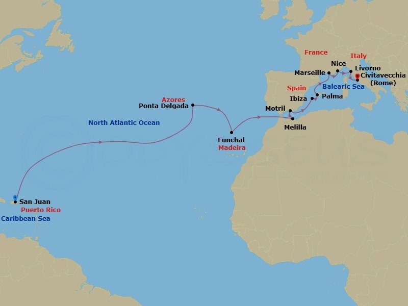 17 Night - Repo - Transatlantic - Norwegian Prima - Starting in San Juan, Pr, Ponta Delgada, Portugal, Funchal, Portugal, Melilla, Spain, Motril, Spain, Ibiza, Spain, Palma Majorca, Spain, Provence, Marseille, France, Nice / Monaco (Villefranche), France, Livorno / Florence / Pisa, Italy, Civitavecchia Rome, Italy itinerary map