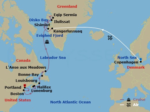 15 Night - Route of the Vikings : Greenland to Newfoundland - Scenic Eclipse - Starting in Copenhagen, Denmark, Copenhagen, Denmark / Kangerlussuaq, Greenland, Ilulissat / Disko Bay, Greenland, Eqip Sermia Glacier, Greenland, Sisimiut, Greenland, Evighed Fjord, Greenland, LAnse aux Meadows, Newfoundland, Canada, Bonne Bay (Woody Point), Newfoundland, Canada, Louisbourg, Nova Scotia, Canada, Halifax, Nova Scotia, Canada, Lunenburg, Nova Scotia, Canada, Boston, Massachusetts, Portland ME, Maine itinerary map