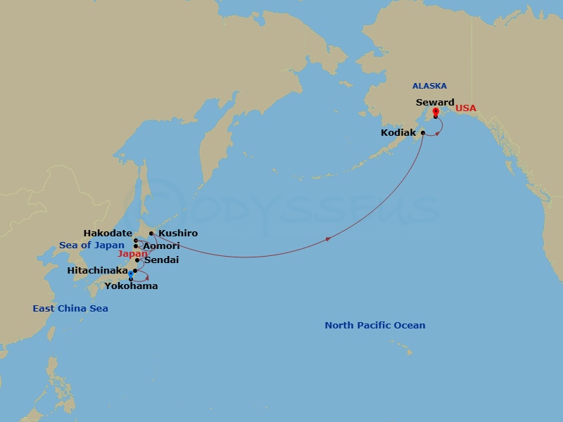 13 Night - Transoceanic - Crystal Serenity - Starting in Yokohama (Tokyo), Hitachinaka, Sendai, Hakodate (Hokkaido), Aomori, Kushiro, Date Line gain a day, Kodiak Island, Alaska, Seward itinerary map