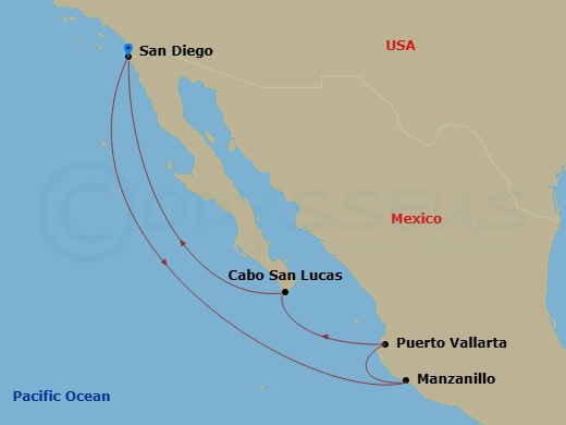 9 Night - The Americas & Caribbean - Crystal Serenity - Starting in San Diego, Manzanillo, Puerto Vallarta, Mazatlan, Cabo San Lucas (Baja California Sur), San Diego itinerary map