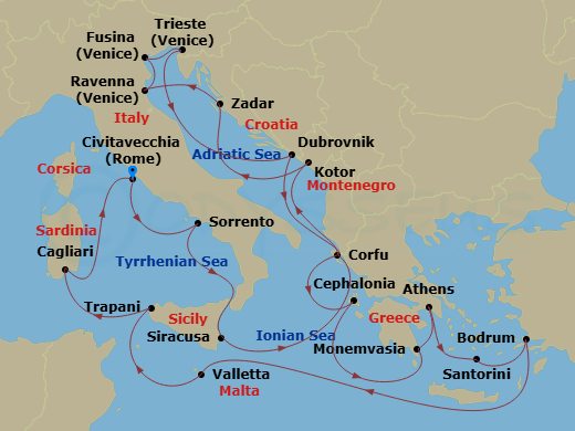 23 Night - Europe & Mediterranean - Crystal Serenity - Starting in Civitavecchia (Rome), Sorrento, Siracusa (Sicily), Corfu, Kotor, Zadar, Ravenna, Fusina (Venice), Trieste, Dubrovnik, Croatia, Corfu, Argostoli (Cephalonia), Monemvasia (Laconia), Athens (Piraeus), Santorini, Bodrum, Valletta, Trapani, Cagliari (Sardinia), Civitavecchia (Rome) itinerary map
