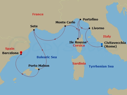 9 Night - Europe & Mediterranean - Crystal Serenity - Starting in Civitavecchia (Rome), Livorno (Tuscany), Portofino, Ile Rousse, Corsica, Monte Carlo, Sete, Porto Mahon, Barcelona itinerary map