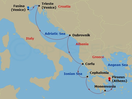 7 Night - Europe & Mediterranean - Crystal Serenity - Starting in Fusina (Venice), Trieste, Dubrovnik, Croatia, Corfu, Argostoli (Cephalonia), Monemvasia (Laconia), Athens (Piraeus) itinerary map
