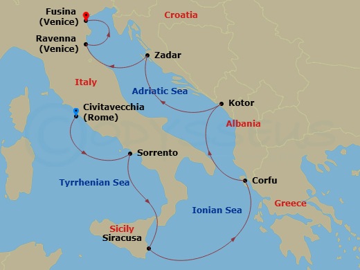 9 Night - Europe & Mediterranean - Crystal Serenity - Starting in Civitavecchia (Rome), Sorrento, Siracusa (Sicily), Corfu, Kotor, Zadar, Ravenna, Fusina (Venice) itinerary map
