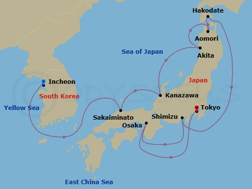 11 Night - Asia - Japan - Norwegian Jade - Starting in Seoul (Incheon), South Korea, Sakaiminato, Japan, Kanazawa, Japan, Akita, Japan, Aomori, Japan, Hakodate, Japan, Mount Fuji / Shimizu, Japan, Kyoto / Osaka, Japan, Tokyo, Japan itinerary map