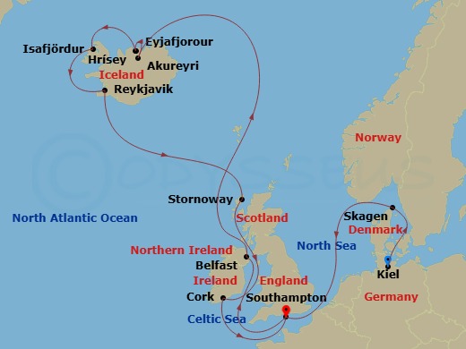 17 Night - Iceland and British Isles - Queen Anne - Starting in Kiel, Germany, Skagen, Denmark, Southampton, England, UK, Belfast, NI, UK, Akureyri, Iceland, Eyjafjordur, Iceland (Scenic Cruising), Hrisey, Iceland (Sail by), Isafjordur, Iceland, Reykjavik, Iceland, Stornoway, Western Isles, Scotland, UK, Cobh (tours to Cork), Ireland, Southampton, England, UK itinerary map