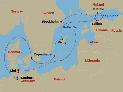 9 Night - Scandinavia and Northern Europe - Queen Anne - Starting in Hamburg, Germany, Copenhagen, Denmark, Visby, Sweden, Helsinki, Finland, Tallinn, Estonia, Stockholm, Sweden, Kiel, Germany itinerary map