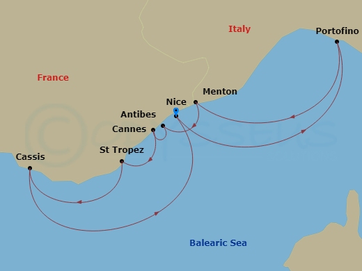 7 Night - The French Riviera Under 's Sails - Le Ponant - Starting in Nice, Portofino, Menton, Antibes, Cannes, Saint-Tropez, Cassis, Nice itinerary map