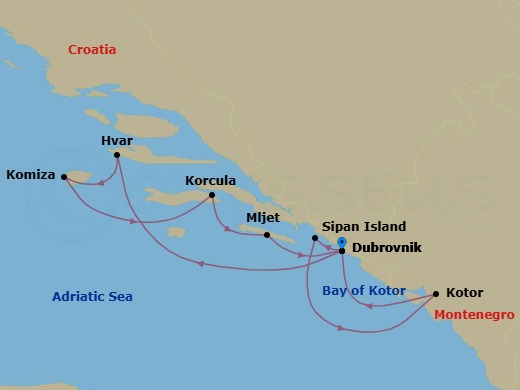 7 Night - Croatia - Le Ponant - Starting in Dubrovnik, Croatia, Stari Grad, Hvar Island, Komiza, Vis Island, Korcula, Mljet, Dubrovnik, Croatia, Sipan Island, Sailing in the Bay of Kotor, Kotor, Dubrovnik, Croatia itinerary map