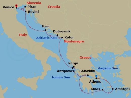 11 Night - From the City of Gods to the Canals of Venice - Le Dumont-d'Urville - Starting in Athens, Amorgos, Adamas, Milos, Crossing the Corinth Canal, Galaxidi, Parga, Paxos, Sailing in the Bay of Kotor, Kotor, Dubrovnik, Croatia, Hvar, Rovinj, Piran, Venice itinerary map