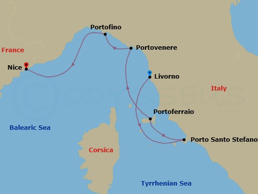5 Night - Tuscany, Liguria and the French Riviera - Le Dumont-d'Urville - Starting in Livorno, Porto Santo Stefano, Portoferraio, Elba, Porto Venere, Portofino, Nice itinerary map