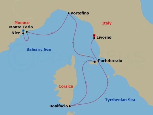 5 Night - Springtime Along the Mediterranean - Le Dumont-d'Urville - Starting in Nice, Monaco, Portofino, Portoferraio, Elba, Bonifacio, Corsica, Livorno itinerary map