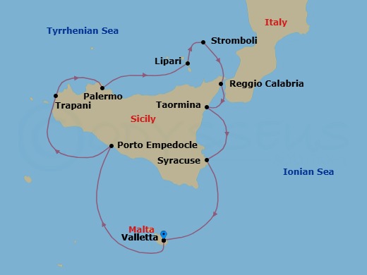 8 Night - Authentic Mediterranean Shores - Le Dumont-d'Urville - Starting in Valletta, Porto Empedocle, Sicily, Trapani, Sicily, Palermo, Sicily, Lipari, Aeolian Islands, Sailing in front of Stromboli, Reggio di Calabria, Taormina, Sicily, Syracuse IT, Sicily, Valletta itinerary map