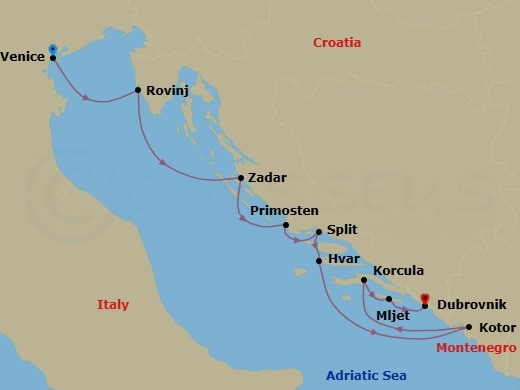 7 Night - Well-Being Break in Dalmatia - Le Dumont-d'Urville - Starting in Venice, Rovinj, Zadar, Primosten, Split, Hvar, Kotor, Korcula, Mljet, Dubrovnik, Croatia itinerary map