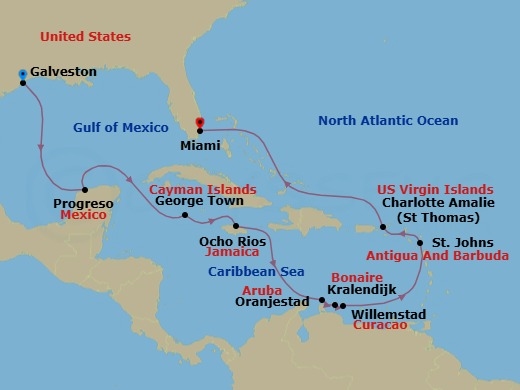 15 Night - Caribbean Reverie - Seven Seas Mariner - Starting in Houston (Galveston), Cruising the Gulf, Progreso, Cruising the Caribbean Sea, George Town, Ocho Rios, Jamaica, Cruising the Caribbean Sea, Oranjestad, Willemstad AN, Bonaire (Kralendijk), Cruising the Caribbean Sea, St Johns, Charlotte Amalie, Cruising the Atlantic Ocean, Miami itinerary map