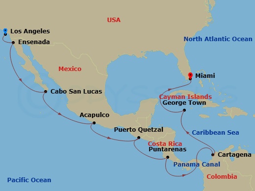 16 Night - Panama Canal Coastlines - Oceania Sonata - Starting in Los Angeles, Ensenada, Cabo San Lucas, Acapulco, Puerto Quetzal, Puntarenas, Panama Canal Daylight Transit, Cartagena CO, George Town, Miami itinerary map