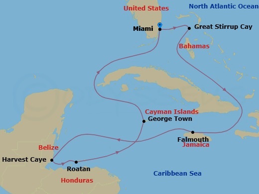 10 Night - Rainforest to Reef - Seven Seas Grandeur - Starting in Miami, Great Stirrup Cay, Cruising the Florida Straits, Falmouth, Cruising the Caribbean Sea, Harvest Caye, Roatan, Cruising the Caribbean Sea, George Town, Cruising the Florida Straits, Miami itinerary map