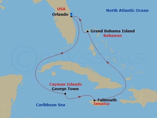 6 Night - Western Caribbean Cruise - Adventure of the Seas - Starting in Orlando (Port Canaveral), Fl, George Town, Grand Cayman, Falmouth, Jamaica, Grand Bahama Island, Bahamas, Orlando (Port Canaveral), Fl itinerary map