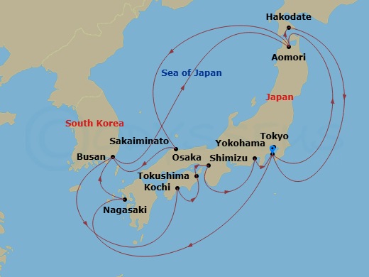 19 Night - Grand Circle Japan with Nebuta & Summer Festivals - Diamond Princess - Starting in Tokyo (Yokohama), Japan, Nagasaki, Japan, Busan, South Korea, Aomori, Japan, Hakodate, Japan, Tokyo (Yokohama), Japan, Aomori, Japan, Sakaiminato, Japan, Busan, South Korea, Kochi, Japan, Tokushima, Japan, Osaka (for Kyoto), Japan, Shimizu (for Mount Fuji), Japan, Tokyo (Yokohama), Japan itinerary map