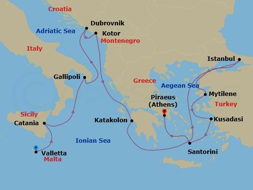 12 Night - Beauty Under the Stars - Seven Seas Grandeur - Starting in Valletta, Cruising the Mediterranean Sea, Catania (Sicily), Gallipoli, Dubrovnik, Croatia, Kotor, Katakolon, Cruising the Aegean Sea, Istanbul, Mytilini (Lesbos), Kusadasi, Santorini, Athens (Piraeus) itinerary map