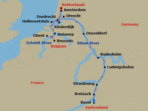 14 Night - Grand Rhine & Dutch Canals - AmaStella - Starting in Basel, Breisach, Strasbourg, Ludwigshafen, Rudesheim, Dusseldorf, Utrecht, Amsterdam, Hellevoetsluis, Ghent, Brussels, Antwerp, Dordrecht, Kinderdijk, Amsterdam itinerary map