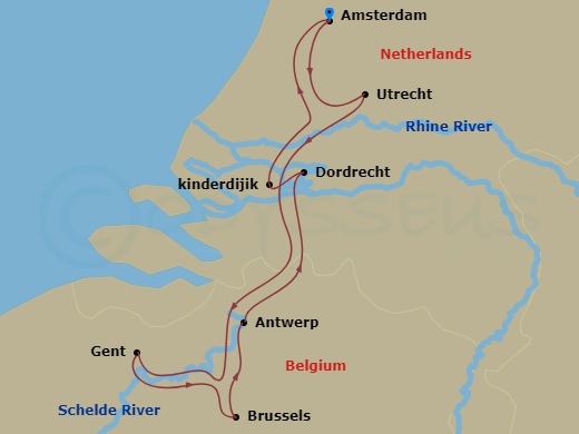 9 Night - Best of Holland & Belgium (Taste of Christmas) with Amsterdam Pre-Cruise - AmaStella Tours - Starting in Amsterdam, Utrecht, Hellevoetsluis, Ghent, Brussels, Antwerp, Dordrecht, Kinderdijk, Amsterdam itinerary map