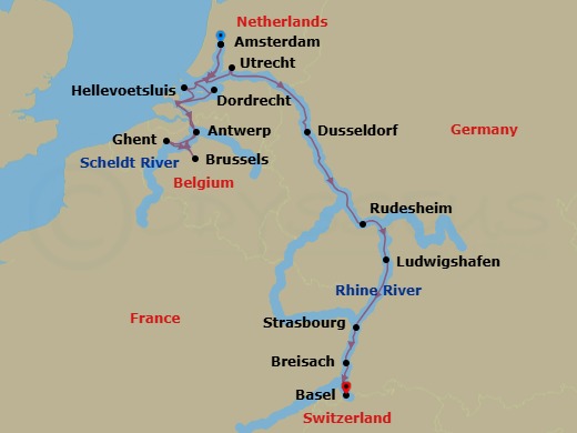 14 Night - Grand Rhine & Dutch Canals - AmaStella - Starting in Amsterdam, Hellevoetsluis, Ghent, Brussels, Antwerp, Dordrecht, Amsterdam, Utrecht, Dusseldorf, Rudesheim, Ludwigshafen, Strasbourg, Breisach, Basel itinerary map
