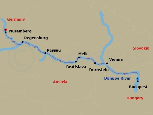 7 Night - Blue Danube Discovery - AmaSonata - Starting in Budapest, Bratislava, Vienna, Durnstein, Waca, Melk, Passau, Regensburg, Nuremberg itinerary map