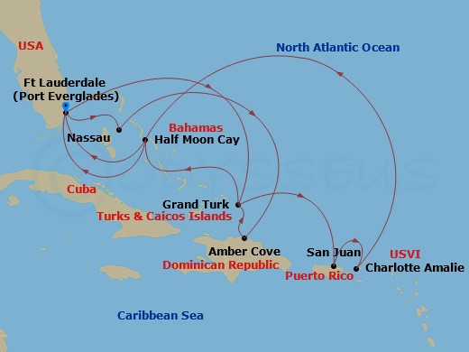14 Night - Eastern Caribbean : Bahamas & San Juan - Rotterdam - Starting in Fort Lauderdale, Florida, Nassau, Bahamas, Amber Cove, Dominican Republic, Grand Turk, Turks and Caicos, RelaxAway, Half Moon Cay, Bahamas, Fort Lauderdale, Florida, Grand Turk, Turks and Caicos, San Juan, Puerto Rico, St Thomas, US Virgin Islands, RelaxAway, Half Moon Cay, Bahamas, Fort Lauderdale, Florida itinerary map