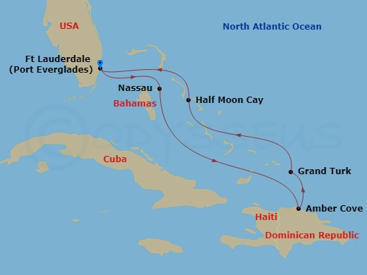 7 Night - Eastern Caribbean : Amber Cove & Bahamas - Rotterdam - Starting in Fort Lauderdale, Florida, Nassau, Bahamas, Amber Cove, Dominican Republic, Grand Turk, Turks and Caicos, RelaxAway, Half Moon Cay, Bahamas, Fort Lauderdale, Florida itinerary map