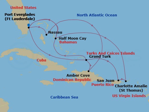 14 Night - Eastern Caribbean : San Juan & Bahamas - Rotterdam - Starting in Fort Lauderdale, Florida, Grand Turk, Turks and Caicos, San Juan, Puerto Rico, St Thomas, US Virgin Islands, RelaxAway, Half Moon Cay, Bahamas, Fort Lauderdale, Florida, Nassau, Bahamas, Amber Cove, Dominican Republic, Grand Turk, Turks and Caicos, RelaxAway, Half Moon Cay, Bahamas, Fort Lauderdale, Florida itinerary map