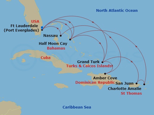 14 Night - Eastern Caribbean : Bahamas & San Juan - Rotterdam - Starting in Fort Lauderdale, Florida, RelaxAway, Half Moon Cay, Bahamas, Grand Turk, Turks and Caicos, Amber Cove, Dominican Republic, Nassau, Bahamas, Fort Lauderdale, Florida, Grand Turk, Turks and Caicos, San Juan, Puerto Rico, St Thomas, US Virgin Islands, RelaxAway, Half Moon Cay, Bahamas, Fort Lauderdale, Florida itinerary map