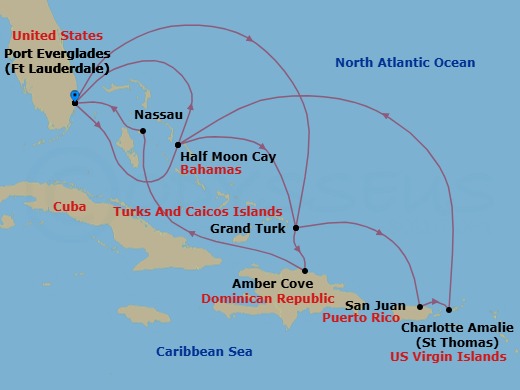 14 Night - Eastern Caribbean : San Juan & Bahamas - Rotterdam - Starting in Fort Lauderdale, Florida, Grand Turk, Turks and Caicos, San Juan, Puerto Rico, St Thomas, US Virgin Islands, RelaxAway, Half Moon Cay, Bahamas, Fort Lauderdale, Florida, RelaxAway, Half Moon Cay, Bahamas, Grand Turk, Turks and Caicos, Amber Cove, Dominican Republic, Nassau, Bahamas, Fort Lauderdale, Florida itinerary map