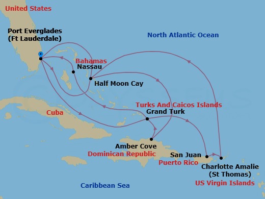 14 Night - Eastern Caribbean : Bahamas & San Juan - Rotterdam - Starting in Fort Lauderdale, Florida, RelaxAway, Half Moon Cay, Bahamas, Amber Cove, Dominican Republic, Grand Turk, Turks and Caicos, Nassau, Bahamas, Fort Lauderdale, Florida, Grand Turk, Turks and Caicos, San Juan, Puerto Rico, St Thomas, US Virgin Islands, RelaxAway, Half Moon Cay, Bahamas, Fort Lauderdale, Florida itinerary map