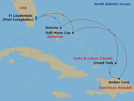 7 Night - Eastern Caribbean : Amber Cove & Bahamas - Rotterdam - Starting in Fort Lauderdale, Florida, RelaxAway, Half Moon Cay, Bahamas, Amber Cove, Dominican Republic, Grand Turk, Turks and Caicos, Nassau, Bahamas, Fort Lauderdale, Florida itinerary map