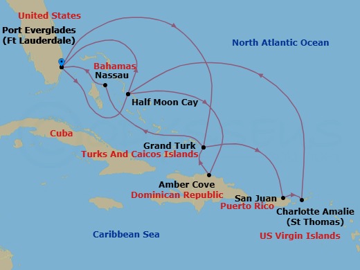 14 Night - Eastern Caribbean : San Juan & Bahamas - Rotterdam - Starting in Fort Lauderdale, Florida, Grand Turk, Turks and Caicos, San Juan, Puerto Rico, St Thomas, US Virgin Islands, RelaxAway, Half Moon Cay, Bahamas, Fort Lauderdale, Florida, RelaxAway, Half Moon Cay, Bahamas, Amber Cove, Dominican Republic, Grand Turk, Turks and Caicos, Nassau, Bahamas, Fort Lauderdale, Florida itinerary map