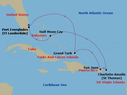 7 Night - Eastern Caribbean Holiday : San Juan & St. Thomas - Zuiderdam - Starting in Fort Lauderdale, Florida, RelaxAway, Half Moon Cay, Bahamas, St Thomas, US Virgin Islands, San Juan, Puerto Rico, Grand Turk, Turks and Caicos, Fort Lauderdale, Florida itinerary map