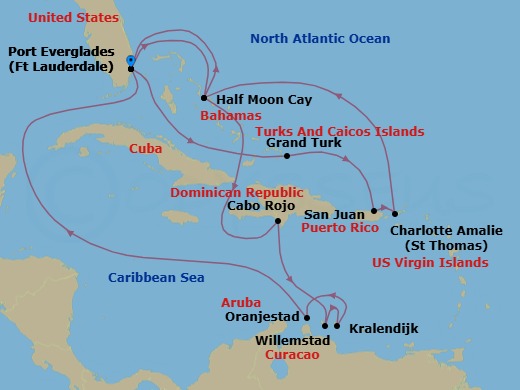 17 Night - Southern & Eastern Caribbean Holiday : Abc Islands - Rotterdam - Starting in Fort Lauderdale, Florida, RelaxAway, Half Moon Cay, Bahamas, Cabo Rojo, Dominican Republic, Willemstad AN, Curacao, Kralendijk, Bonaire, Oranjestad, Aruba, Fort Lauderdale, Florida, Grand Turk, Turks and Caicos, San Juan, Puerto Rico, St Thomas, US Virgin Islands, RelaxAway, Half Moon Cay, Bahamas, Fort Lauderdale, Florida itinerary map