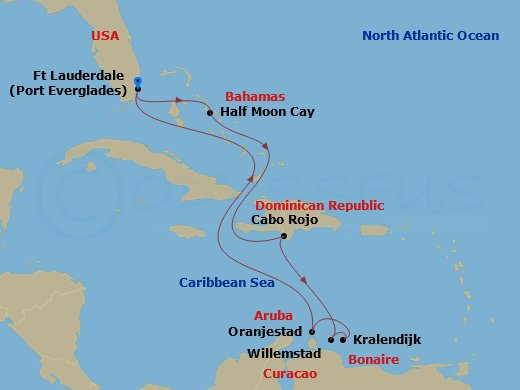 10 Night - Southern Caribbean Holiday : Abc Islands - Rotterdam - Starting in Fort Lauderdale, Florida, RelaxAway, Half Moon Cay, Bahamas, Cabo Rojo, Dominican Republic, Willemstad AN, Curacao, Kralendijk, Bonaire, Oranjestad, Aruba, Fort Lauderdale, Florida itinerary map