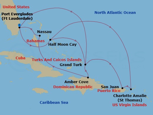 14 Night - Eastern Caribbean Holiday : Bahamas & San Juan - Zuiderdam - Starting in Fort Lauderdale, Florida, RelaxAway, Half Moon Cay, Bahamas, Grand Turk, Turks and Caicos, Amber Cove, Dominican Republic, Nassau, Bahamas, Fort Lauderdale, Florida, RelaxAway, Half Moon Cay, Bahamas, St Thomas, US Virgin Islands, San Juan, Puerto Rico, Grand Turk, Turks and Caicos, Fort Lauderdale, Florida itinerary map
