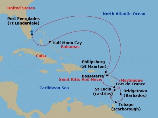 12 Night - Eastern Caribbean : Barbados, St. Lucia & St. Kitts - Volendam - Starting in Fort Lauderdale, Florida, RelaxAway, Half Moon Cay, Bahamas, Philipsburg, Sint Maarten, Fort-De-France, Martinique, Bridgetown, Barbados, Scarborough, Trinidad and Tobago, Castries, Saint Lucia, Basseterre, St Kitts and Nevis, Fort Lauderdale, Florida itinerary map