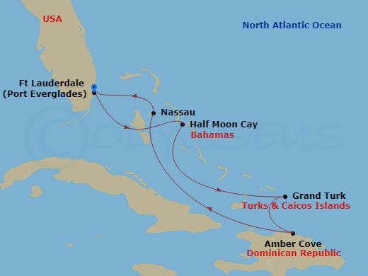 7 Night - Eastern Caribbean Holiday : Amber Cove & Bahamas - Zuiderdam - Starting in Fort Lauderdale, Florida, RelaxAway, Half Moon Cay, Bahamas, Grand Turk, Turks and Caicos, Amber Cove, Dominican Republic, Nassau, Bahamas, Fort Lauderdale, Florida itinerary map